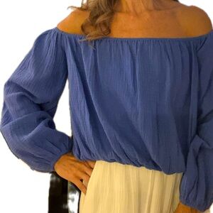 Periwinkle off the shoulder, long sleeve crinkled cotton top with elastic waist
